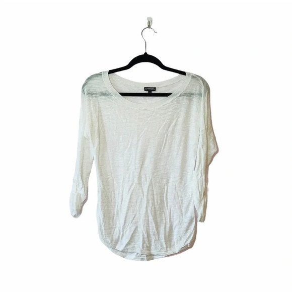 Express White Semi-Sheer 3/4 Tabbed Sleeve Round Hem Crewneck Top Small Women’s - Picture 11 of 11